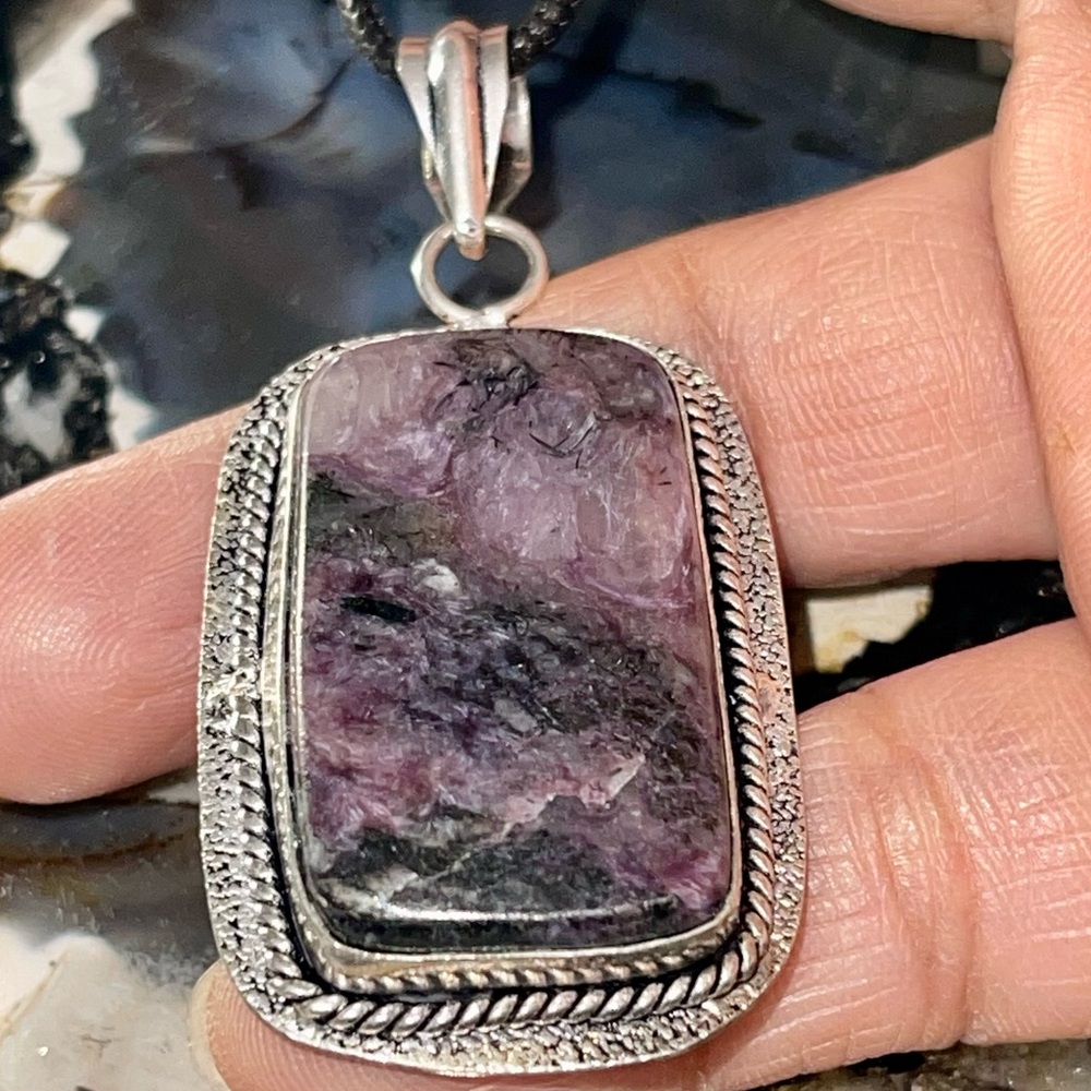 Rectangular Shape Charoite Pendant 2 1/4” - Picture 5 of 12